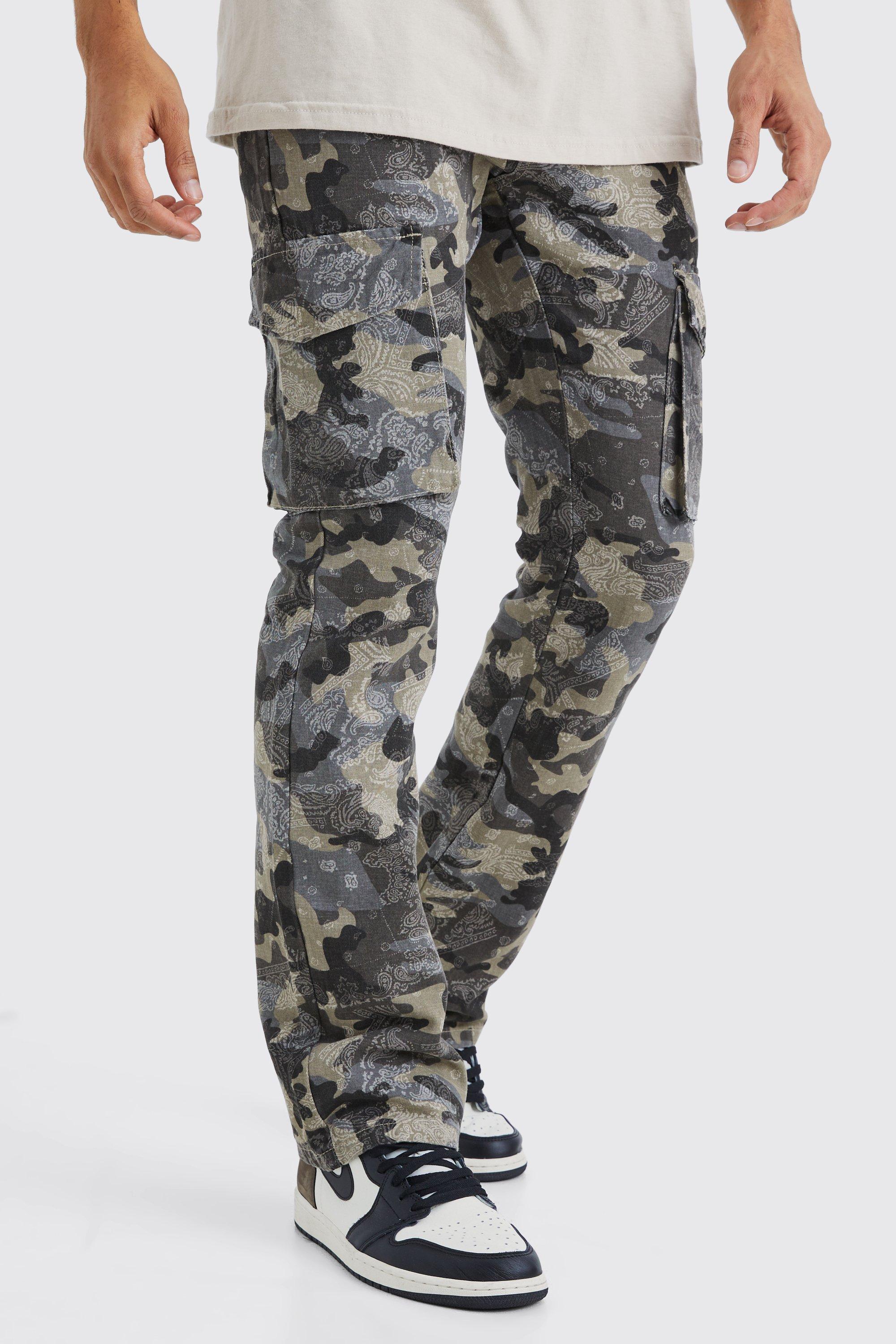 Mens Grey Slim Flare Gusset Camo Bandana Cargo Trouser, Grey